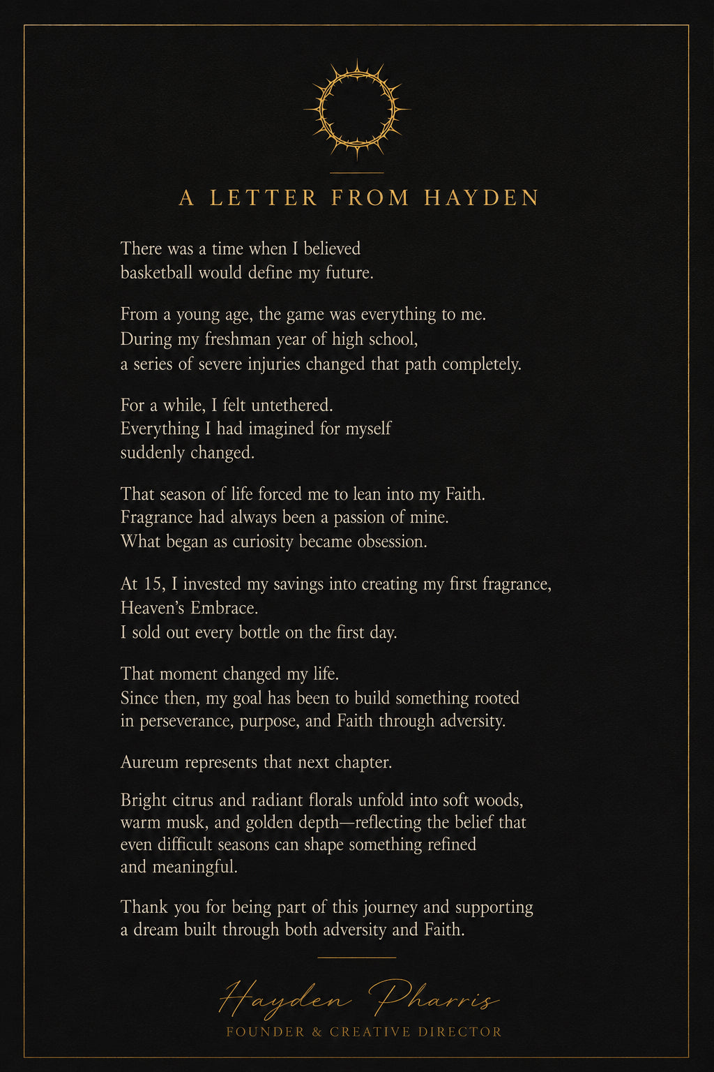 A letter from Hayden Pharris, founder of Faith Fragrance — his journey from basketball to creating Faith Fragrance and the new release, Aureum.